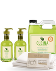 Cucina Fruits & Passion hand and body soap refill set, including a large 5L jug, two 500ml pump bottles, and two folded white soap sacks on a white background.