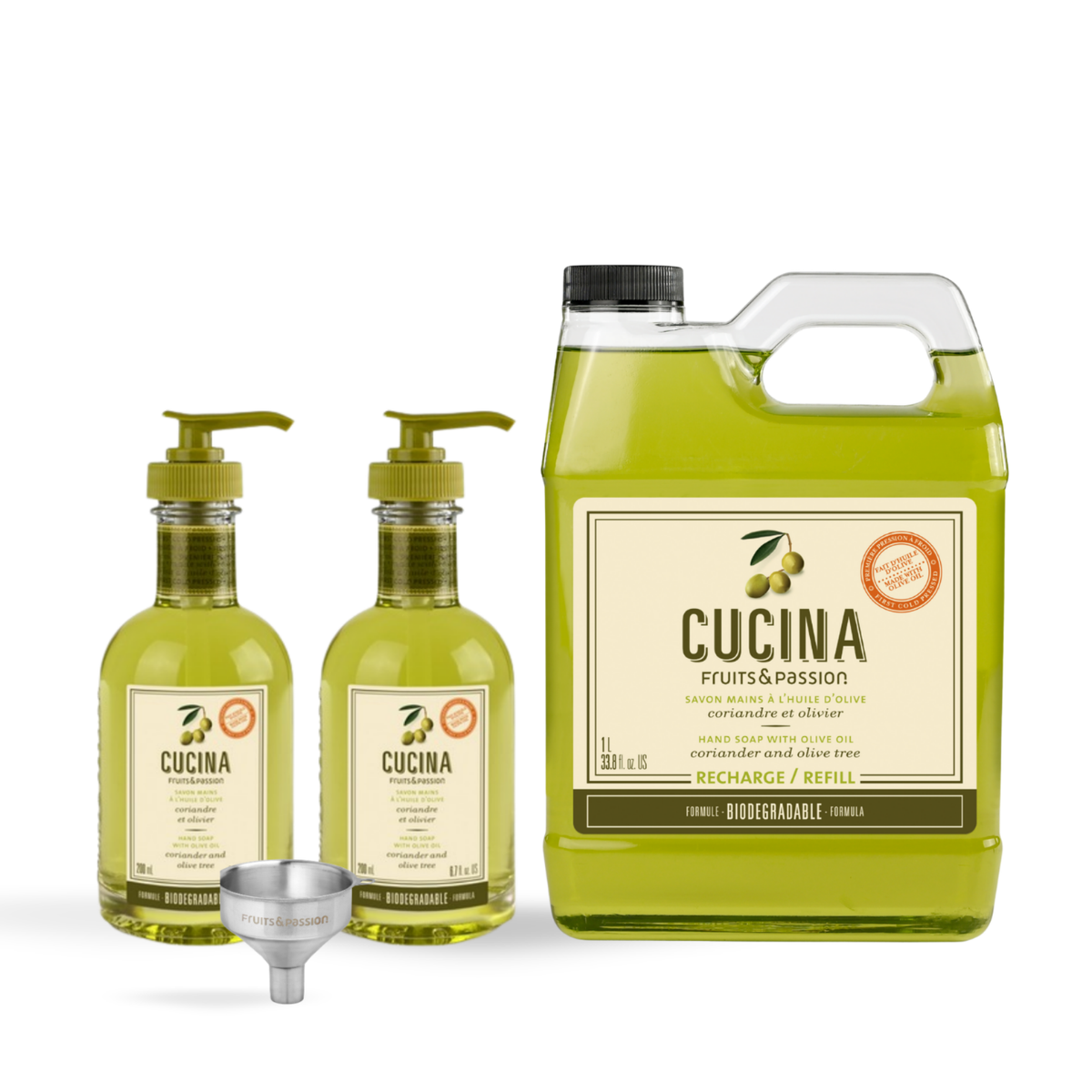 Cucina olive oil bottles and a large refill container on a white background