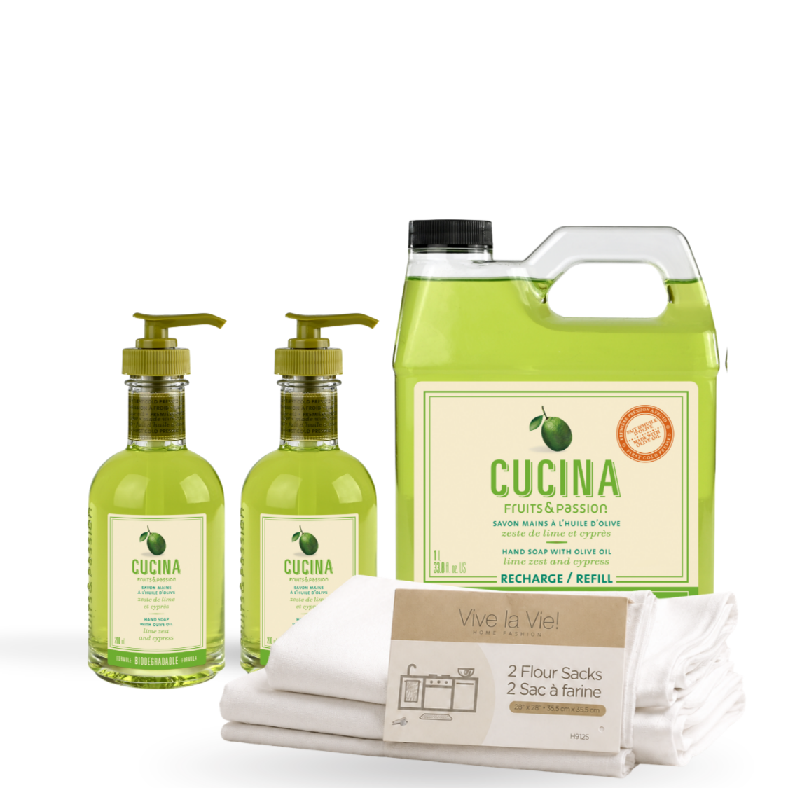 Cucina Fruits & Passion hand and body soap refill set, including a large 5L jug, two 500ml pump bottles, and two folded white soap sacks on a white background.